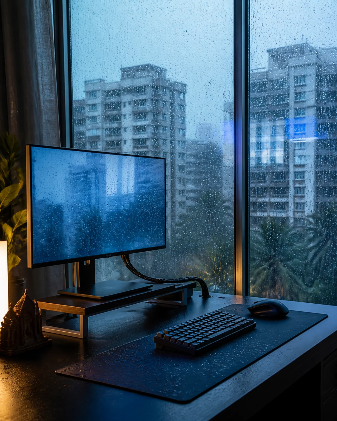Protected workspace beside a rain-covered Indian apartment window