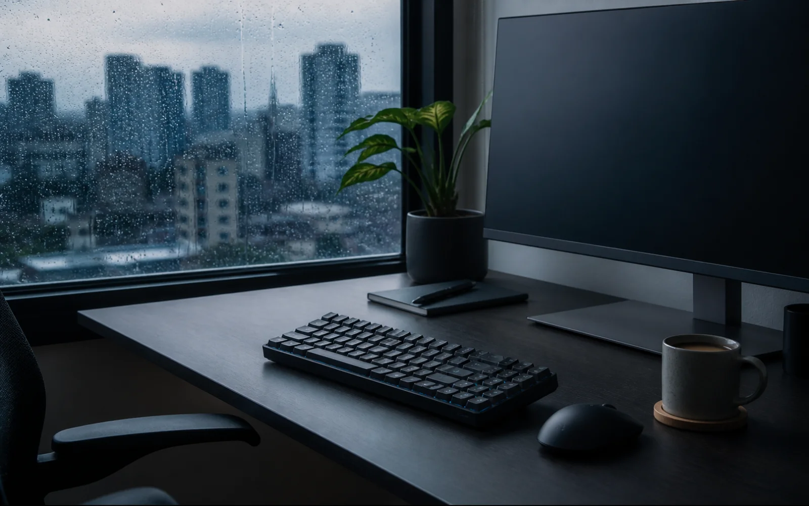Rainy Indian home office with keyboard near a wet window